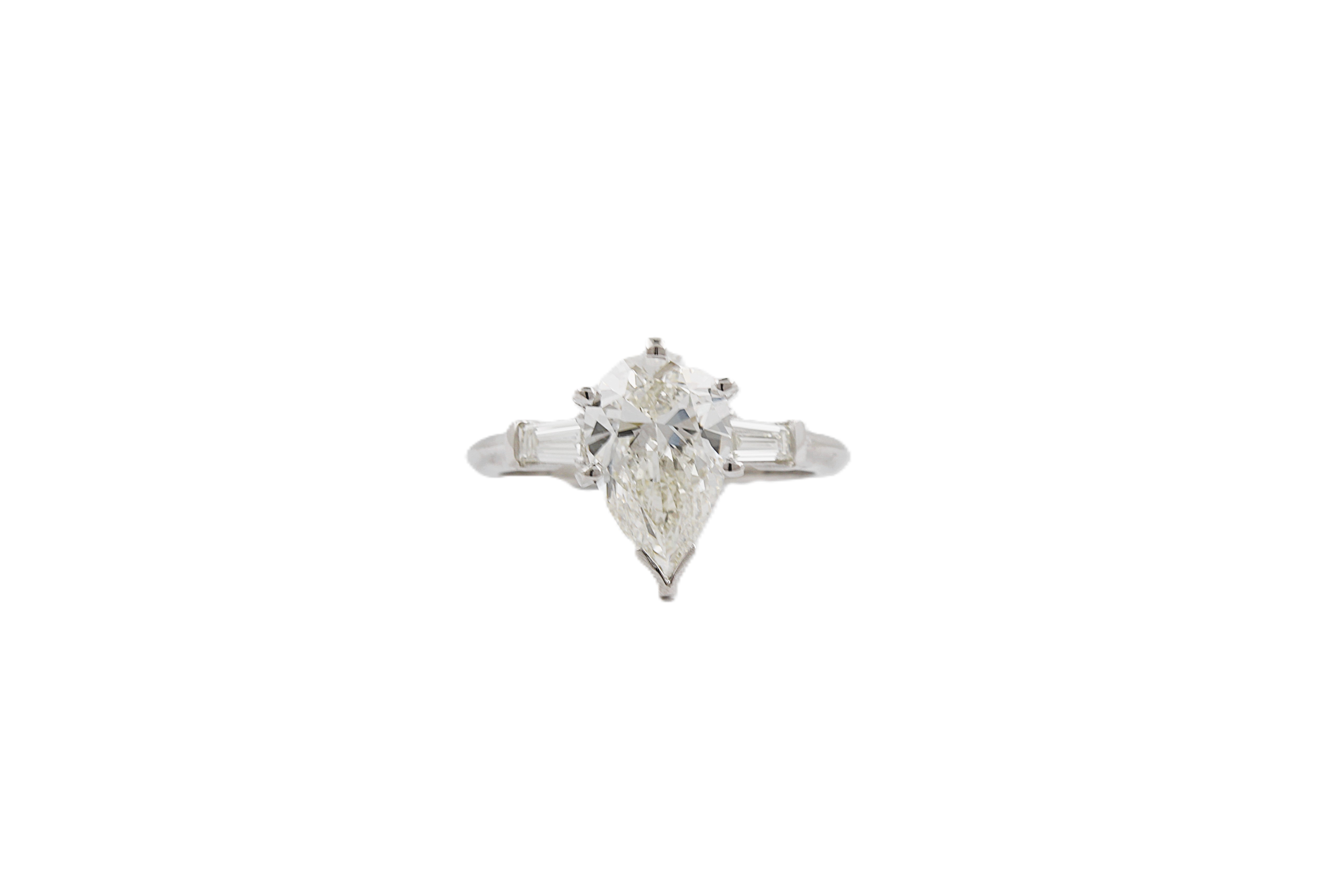 Three Stone Diamond Ring / Pear Shape & Baguette Diamonds